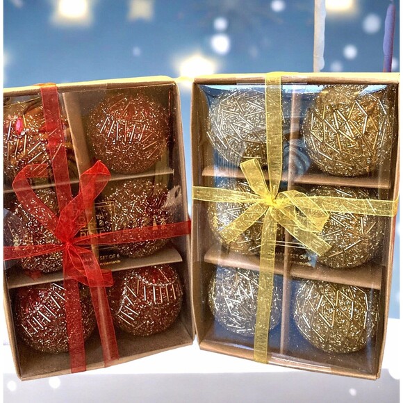 34th & Pine 6 Red 6 Gold Glass Beaded Christmas Tree Ornaments 2 Sets - Picture 1 of 3